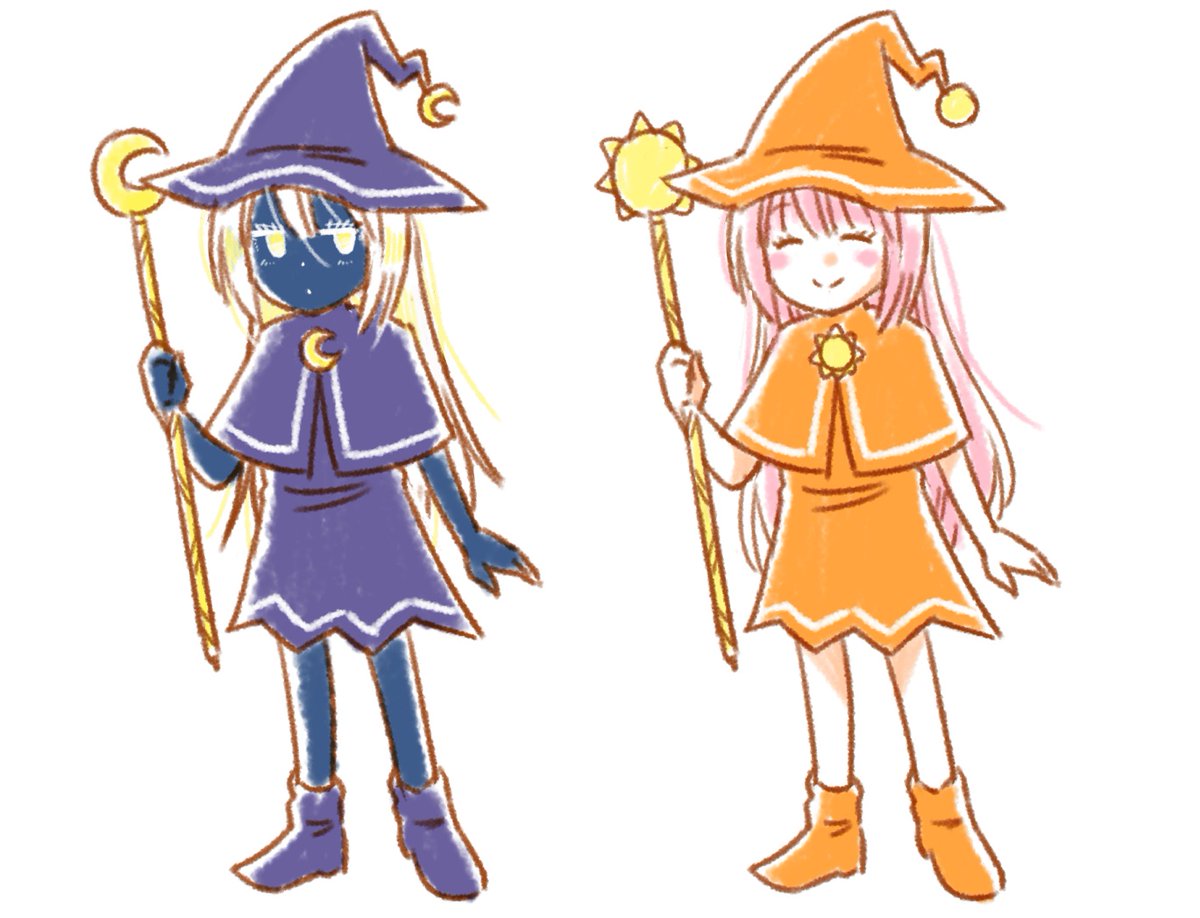 「今回登場した太陽の魔女アウリンと月の魔女クーの設定画がこちら2枚目は初期デザイン」|なるあすくのイラスト