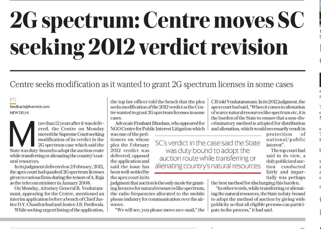 Union gov has moved the Supreme Court seeking modification of its verdict in 2G spectrum case which said the State must adopt the auction route

So after the fake allegations against UPA followed by SC clean chit (which was not made public), Union gov wants to grant licences++
.