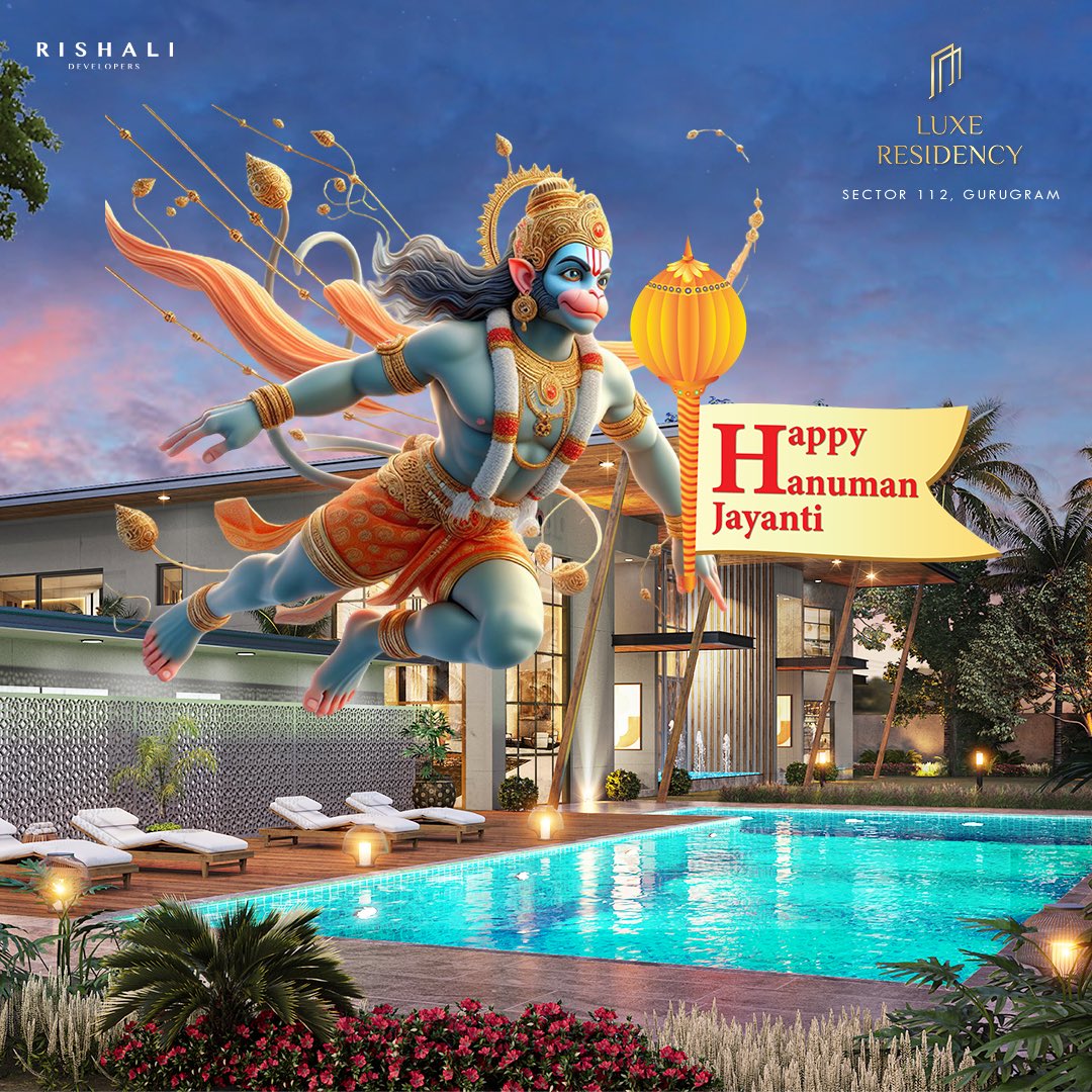 Jai Shree Ram!!! May the blessings of Lord Hanuman illuminate your path with strength, courage, and wisdom. Happy Hanuman Jayanti from all of us at Rishali Developers! 🙏 #HanumanJayanti #Blessings #Strength #Courage #RishaliDevelopers #gurugram #dwarkaexpressway #luxeresidency