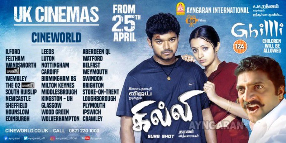 #GhilliReRelease UK final Theater is Out !! Extraordinary Bookings for 25th April 🔥🔥 Bookings Open now for the Weekend 💥 #Thalapathy @actorvijay @trishtrashers @Ayngaran_offl @BigfilmsLtd #GhilliFestival