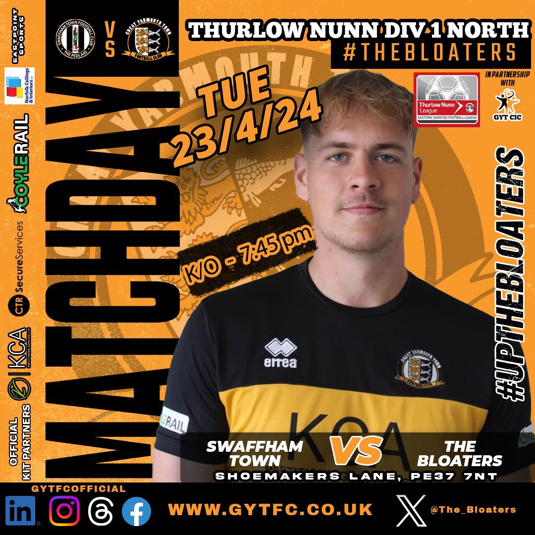 SWAFFHAM TOWN V THE BLOATERS 🧡🖤THURLOW NUNN DIV1 MATCHDAY 40/40🧡🖤 SHOEMAKERS LANE PE37 7NT Last game of the season tonight , if you can get along tonight to see the lads receive the trophy presentation your support would be appreciated as always 🧡🖤