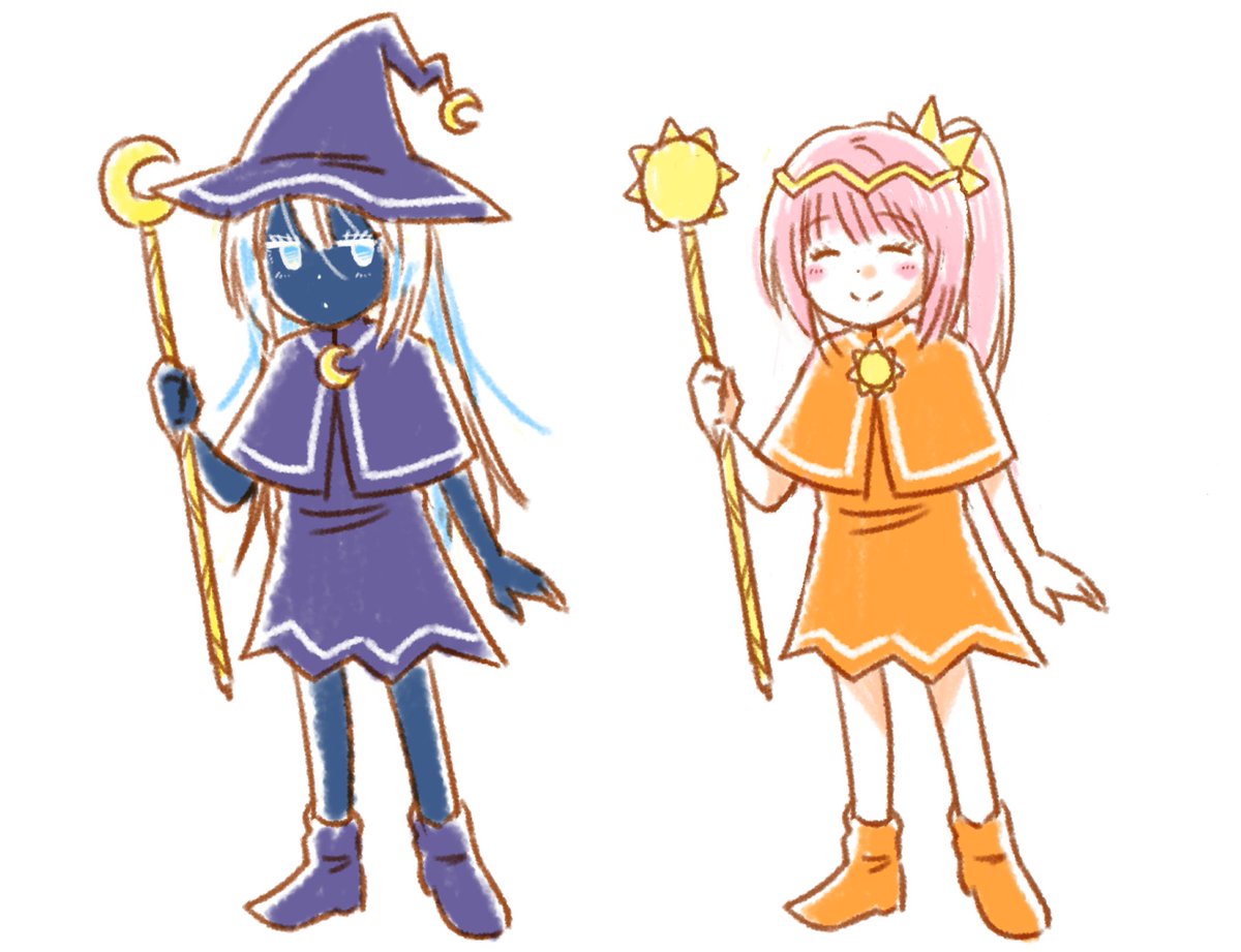 「今回登場した太陽の魔女アウリンと月の魔女クーの設定画がこちら2枚目は初期デザイン」|なるあすくのイラスト