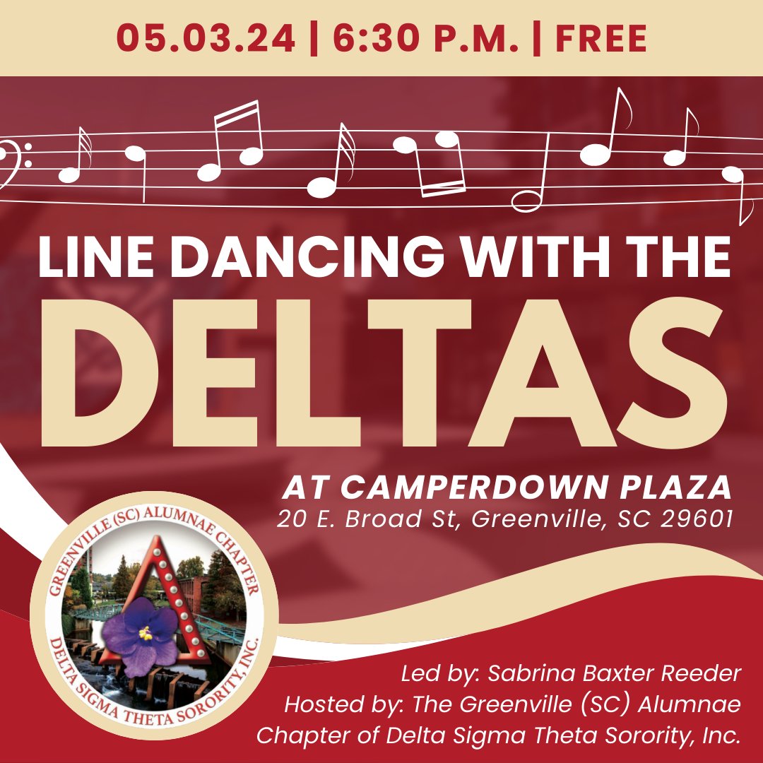 Join us for a free, outdoor line dancing class! We'll see you at Camperdown Plaza on Friday, May 3, 2024 at 6:30 p.m.! This promises to be a great time!

#MayWeek #GSCAC #GSCACDST #YeahThatGreenville