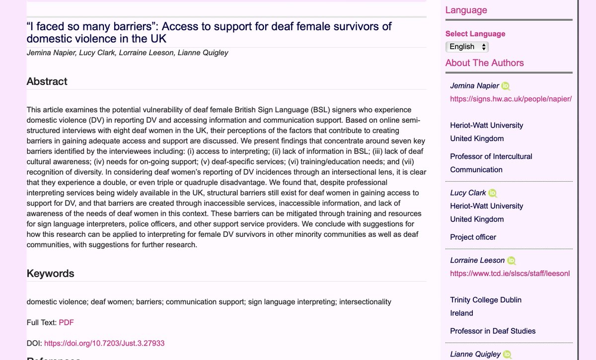 monzoneta's tweet photo. 👉'I faced so many barriers': Access to support for deaf female survivors of domestic violence in the UK" Check out this paper by @JUSTISIGNS2 members Jemina Napier, Lucy Clark, Lorraine Leeson &amp; Lianne Quigley https://t.co/9MVGHCZpLy #1nt #LanguageRightsMinorities #SignLanguages https://t.co/hpR04uj4eU
