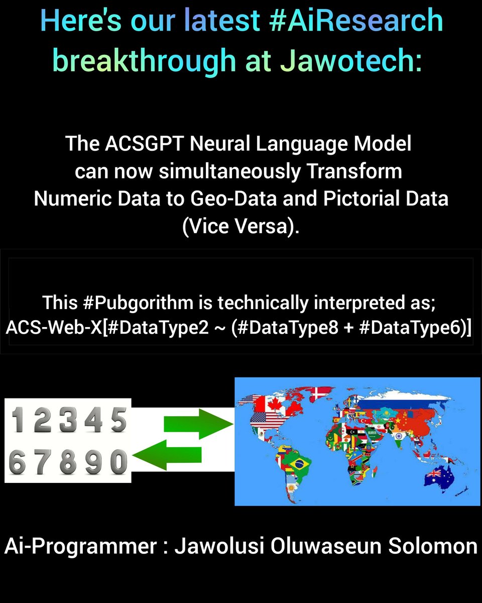 jawolusy's tweet photo. Here's our latest #AiResearch breakthrough at Jawotech: 

The ACSGPT Neural Language Model can now simultaneously Transform Numeric Data to Geo-Data and Pictorial Data (Vice Versa).

This #Pubgorithm is technically interpreted as; ACS-Web-X[#DataType2 ~ (#DataType8 + #DataType6)] https://t.co/WoidrPMsyM