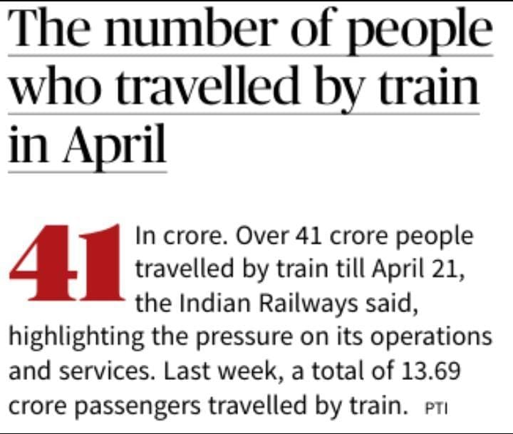 salkuti's tweet photo. See the quantum of efforts Railways are making to cater to the demand of people this summer. More than 9100 trips are being run to meet the summer rush. Railways is working tirelessly 24*7 to meet huge demand.
#IRTSMovingIndia #IRTS
Courtesy:The Hindu/SBC/23.4.2024/B.2/P.III https://t.co/6g67IvzLJc