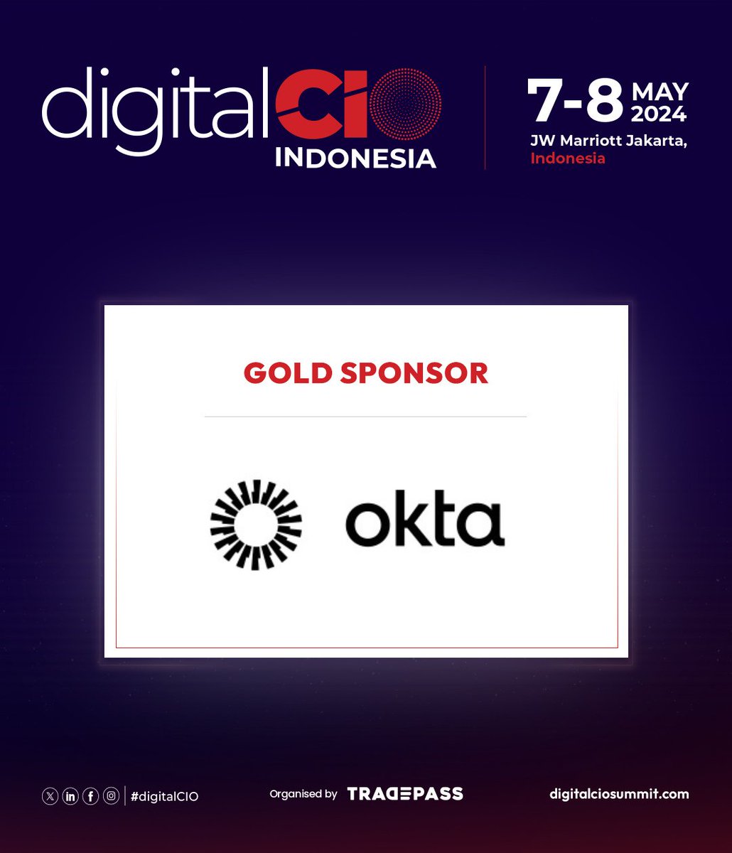 Excited to announce @Okta as our Gold Sponsor for digitalCIO 2024 - Indonesia! They're leading the way in identity solutions, making tech access safer and easier. Join us on May 7 - 8 at JW Marriott Jakarta to meet them!
 
#digitalCIO #Indonesia #Jakarta #CIO #ITleaders #network