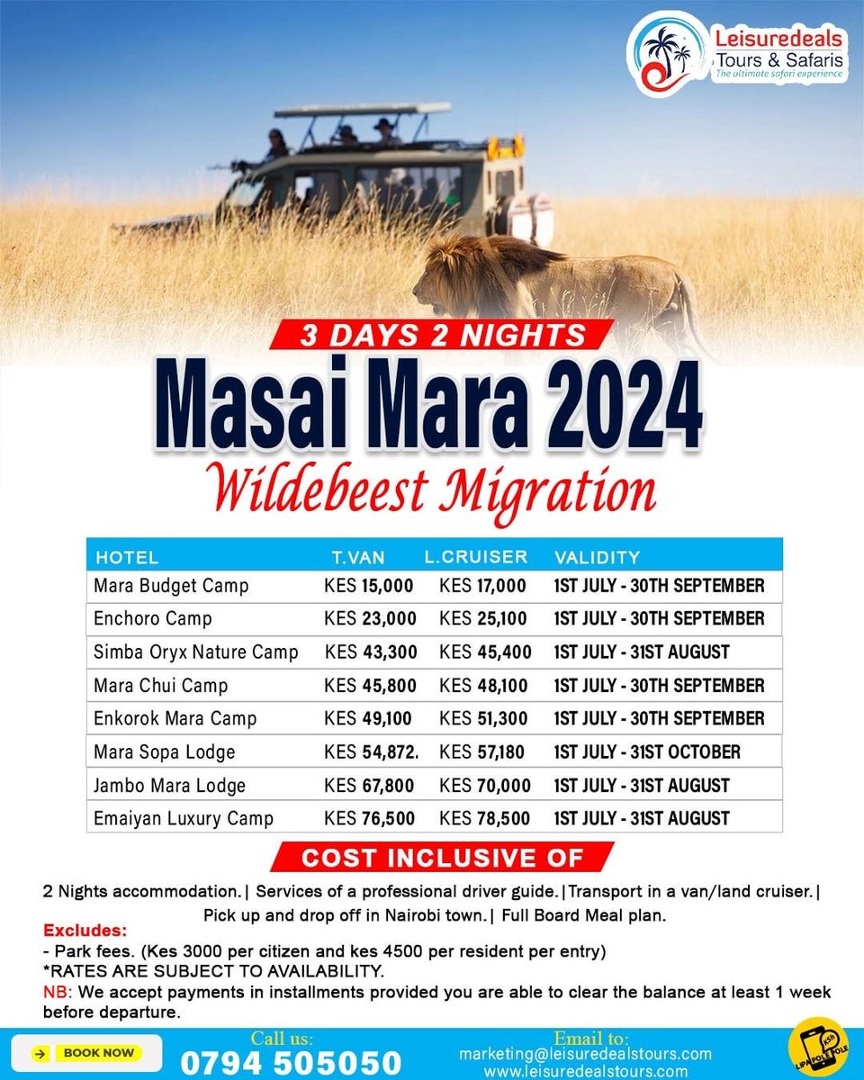 Book the Best Holiday Packages, adventurous & pocket friendly. For 3 days and 2 nights using a Landcruiser/Tour Van. (Masai Mara)

#Leisuredealstours #lipapolepole #masaimara2024rates #bushholidaypackages #safarivacation
#travelresponsibly #wildlifeadventure #sustainabletravel