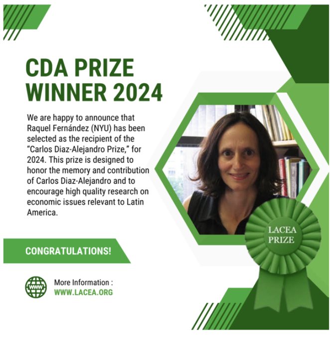 🎉Exciting news 🎉 We're thrilled to share that Raquel Fernández, an invaluable member of our @iea_we core team, has been awarded the esteemed 2024 Carlos Diaz-Alejandro Prize. Heartiest congratulations, @raquel1fernan✨Your achievements inspire us all! @voxlacea @IEA_economics