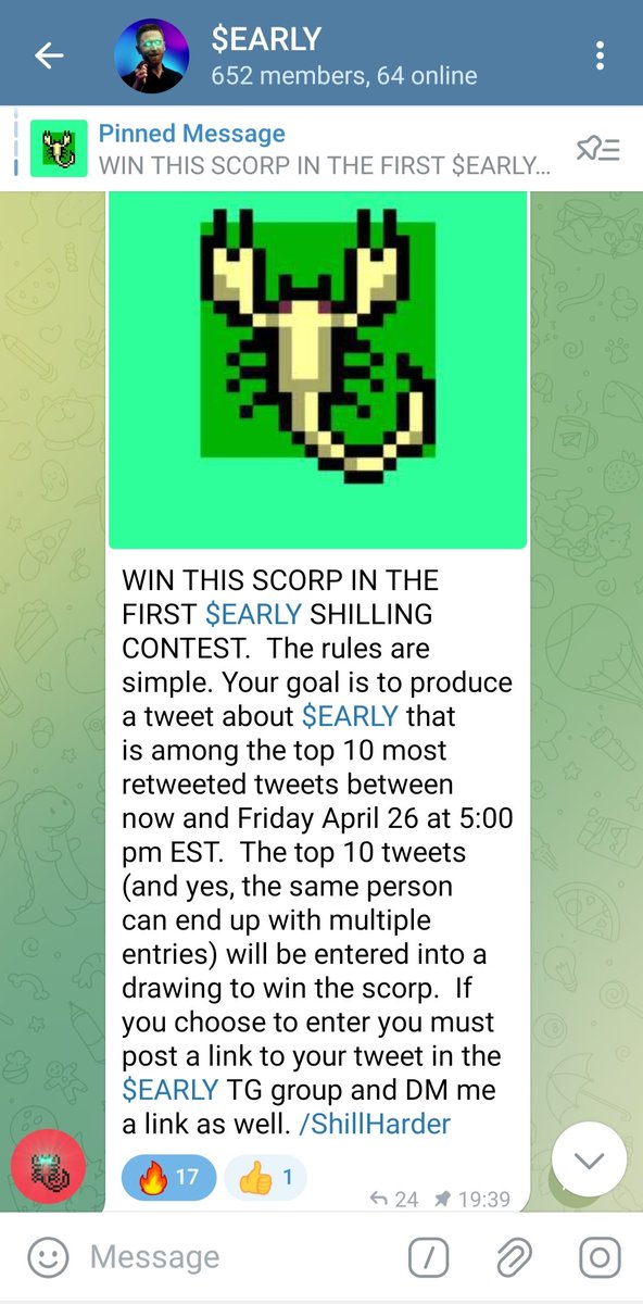 In case you missed it, there's a giveaway going on in <a href="/EARLY_Radix/">EARLY</a> Telegram. 

If you create a tweet shilling $Early and post the Twitter link in $Early TG and DM <a href="/ravient78/">Ravient78</a>, you get a chance to win a Scorp. 

For those who don't know, <a href="/AbandonedScorps/">🦂 Abandoned Scorpions 🦂</a> are the top NFTs on #Radix