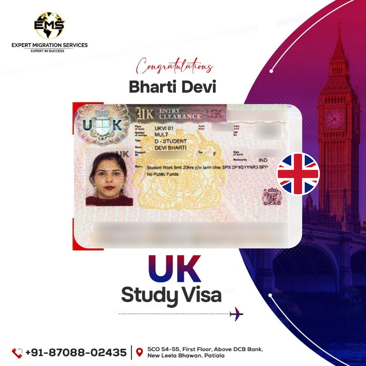 🇬🇧🎓 UK Study Visa Success Story: Bharti Devi's successful visa application with Expert Migration Services paves the way for her academic journey. 🚀

.
.
.
#ExpertMigrationServices #StudyinUK #SettleInUK #ImmigrationConsultant