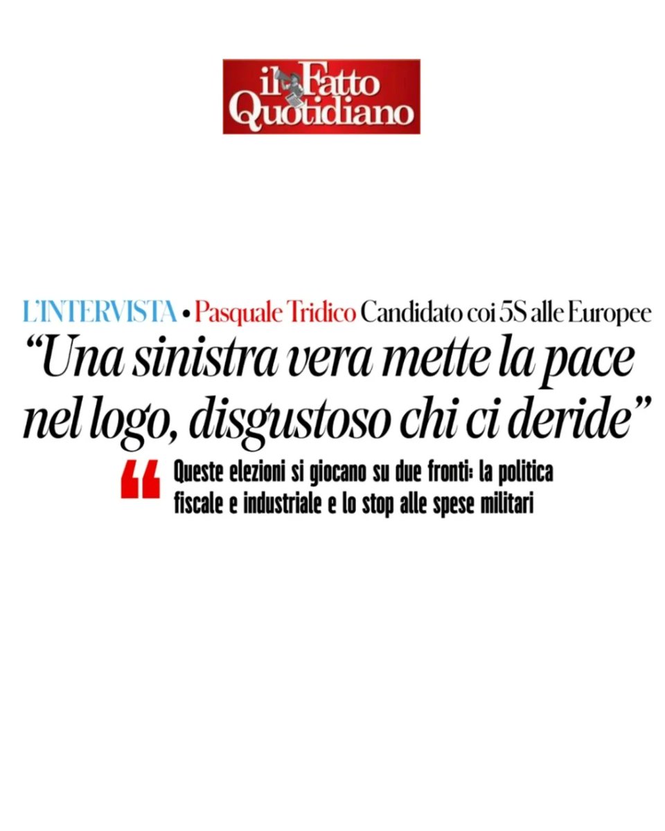 PTridico's tweet photo. Se la politica non si ispira alla diplomazia che ci sta a fare? Che politica dovrebbe portare avanti la Ue se non la diplomazia. Il sogno dei padri fondatori dell'UE era la #pace come condizione per il progresso e il benessere. La mia intervista a @fattoquotidiano https://t.co/Up386tKnvf