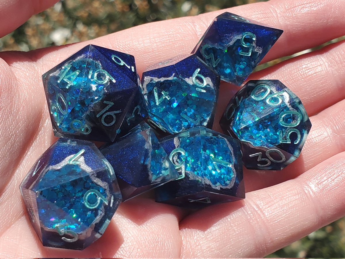 GeekMeUp_Scotty's tweet photo. Aqua Core - one of my favorite recent sets. 

#dnd #dungeonsanddragons #dice #ttrpg #handmadedice #sharpedgedice #geodedice https://t.co/elvV117vsq