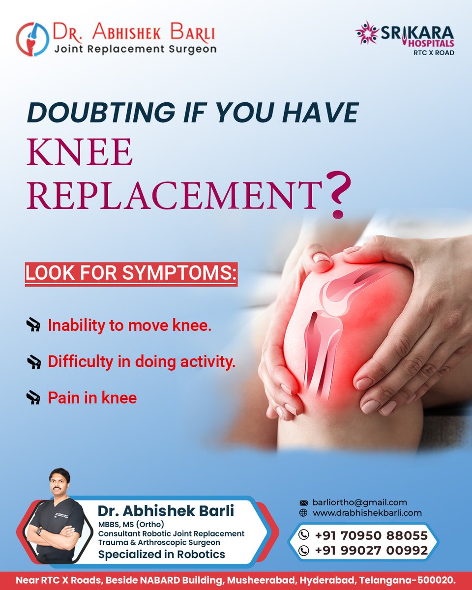 Wondering if knee replacement is the answer to your pain? Explore key signs that indicate it's time to consider this life-changing procedure
For More Information
Call: +91 70950 88055
+91 99027 00992

#KneeReplacement #Drabhishekbarliortho #RTCXRoads
Visit
drabhishekbarli.com