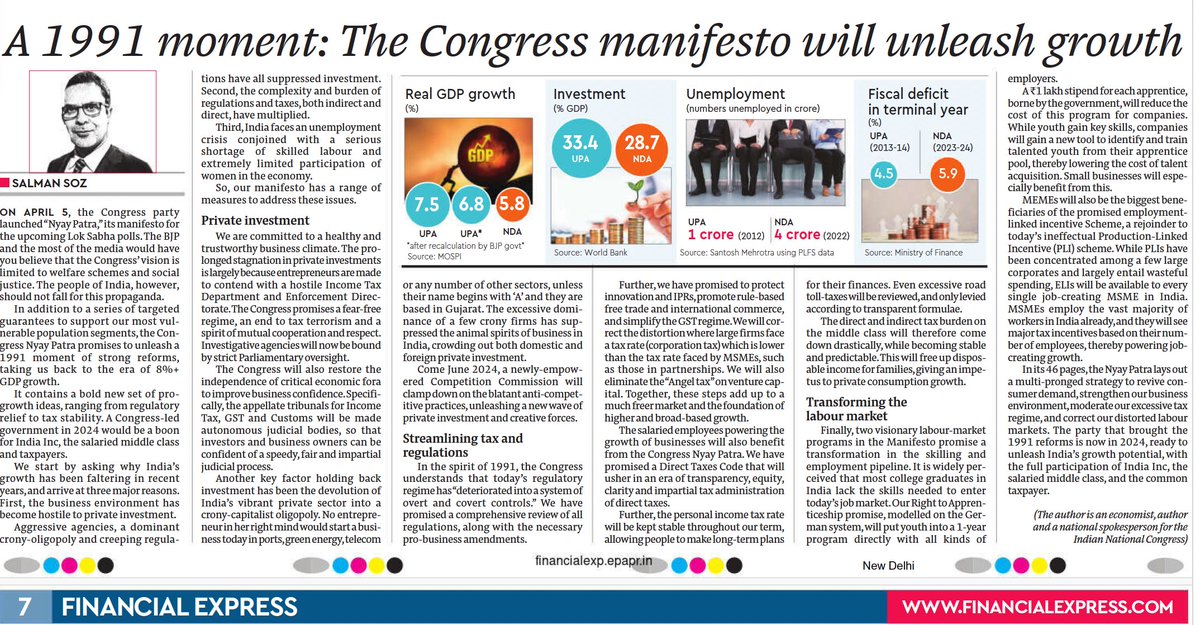 My view: Forget the PM's distractions. The @INCIndia Manifesto is poised to unleash another 1991 moment. For businesses and for job growth, the Congress manifesto has much to say and the private sector should be delighted. Do read. via @FinancialXpress