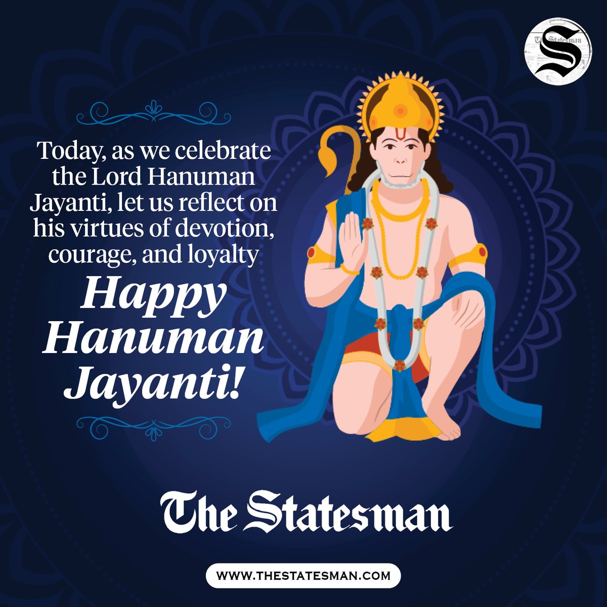 TheStatesmanLtd's tweet photo. Bow to the mighty Hanuman, embodiment of strength, devotion, and courage. Wishing everyone a blessed Hanuman Jayanti! 🙏
#India #HanumanJayanti #StrengthInDevotion #TheStatesman https://t.co/5jZRUsGHQU