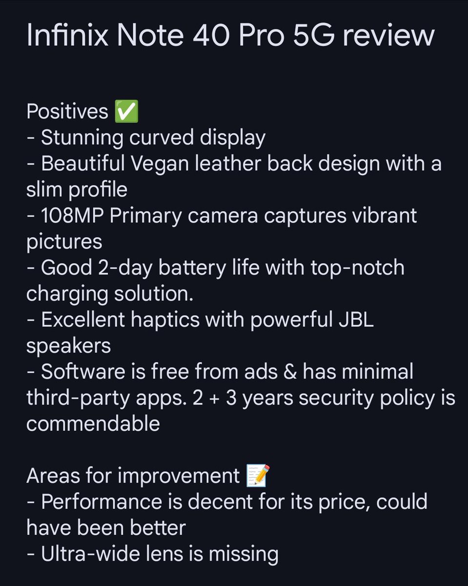 Sudhanshu1414's tweet photo. The Infinix Note 40 Pro 5G has truly impressed me. Read my review in the image below. 

Also doing a Q&amp;A before returning the phone, what questions do you have?
#InfinixNote40Pro5G  #InfinixNote40Series https://t.co/FPxgHQVYp4