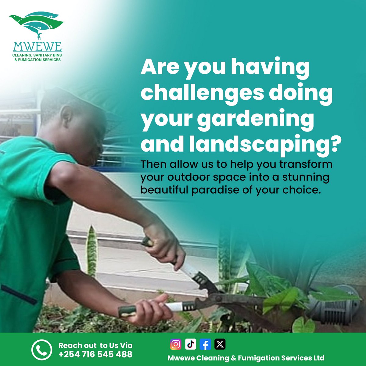 Mwewe_Cleaning's tweet photo. Are you having challenges doing your gardening and landscaping? Then allow us to help you transform your outdoor space into a stunning beautiful paradise of your choice.
#SandF
#Kairo
#Nairobi
#KarenNyamu
#FidelOdinga https://t.co/NPRR13RQky
