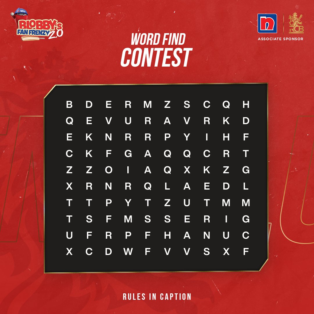 Seek, search, and conquer in our thrilling word-find contest! Find 5 words and win big!
Rules:
Comment your answers tagging 3 friends
Use #BlobbysFanFrenzy
Follow @nipponindia

#NipponPaint #NipponPaintIndia #Contest #contestalert #contests #giveaway  #royalchallengersbengaluru