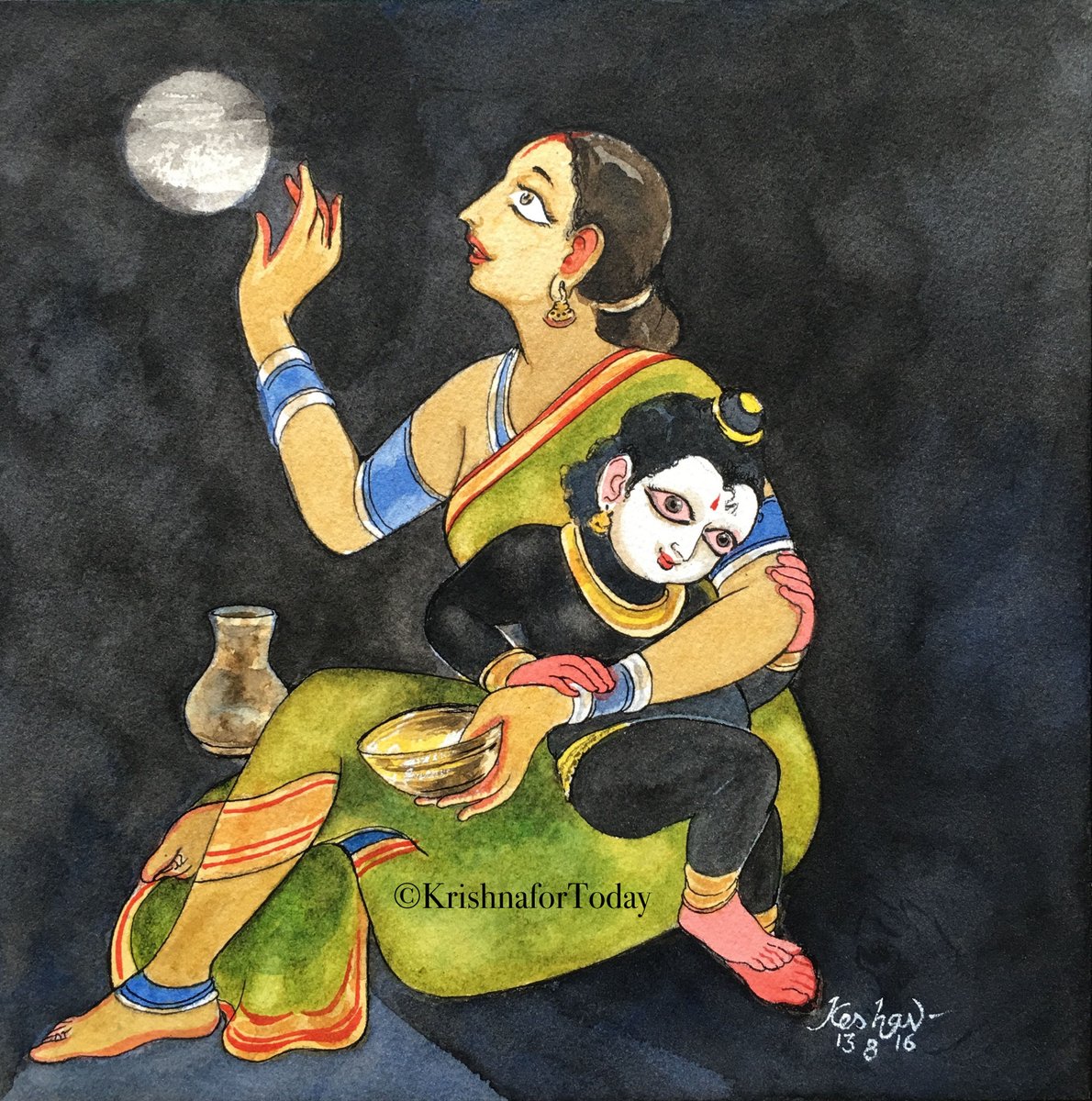 Yashoda Krishna #krishnafortoday #watercolour #chitrapournami #fullmoon #babykrishna