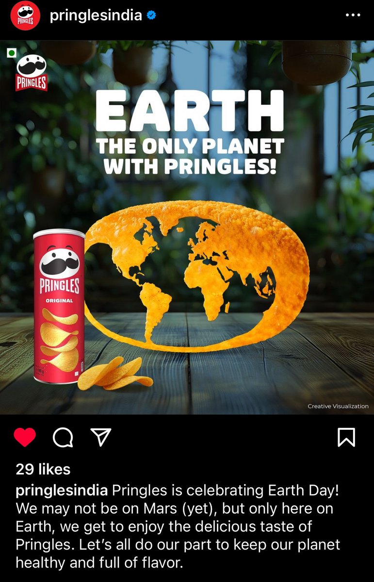 Nice work @Pringles India! You celebrated #EarthDay2024 well! Loved your creative thought! The 🌏is the only planet to have #Pringles to snack!

Source: [Pringles India IG]

#CreativeDesign #MarketingGenius #StrategicMarketing #CreativeIdeas #AdvertisingCampaign #UpgridMediaTeam