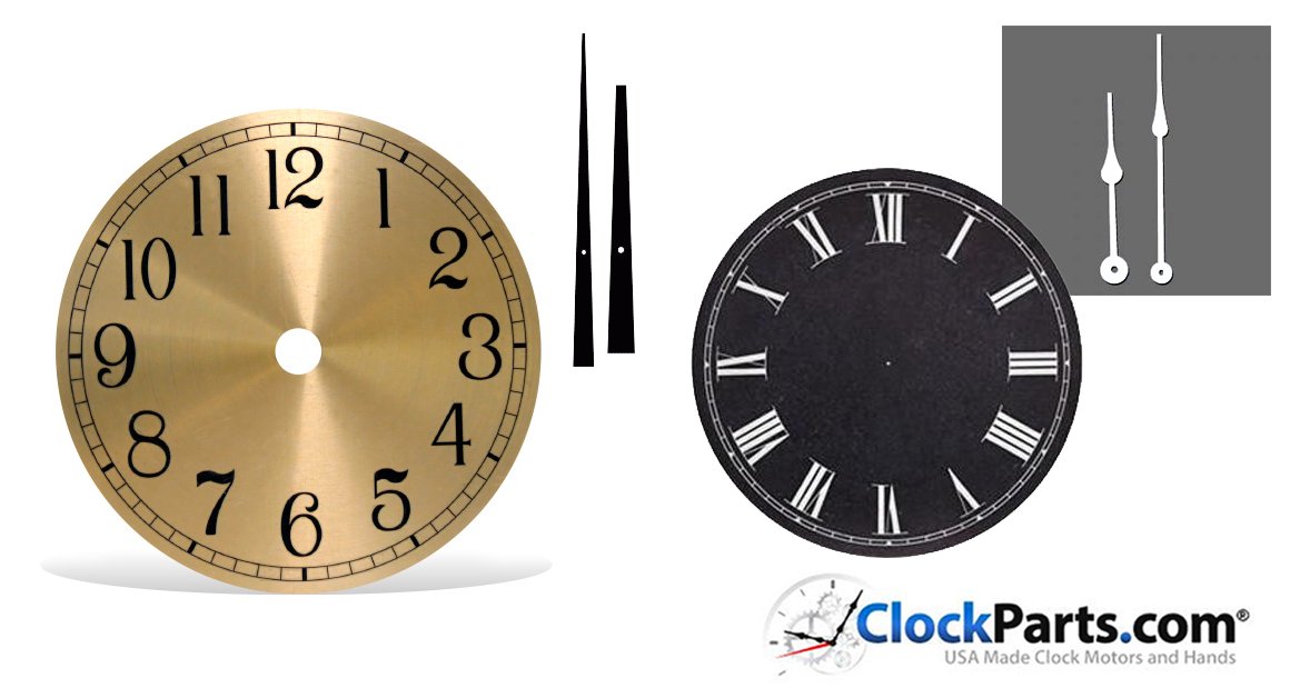 Discover our collection of round and square metal #ClockDials at ClockParts.com! Printed with epoxy-based inks on aluminum, they ensure durability and longevity. From 4-1/2 inches to 7-7/8 inches, find the perfect dial for your #clock design.  #ClockParts