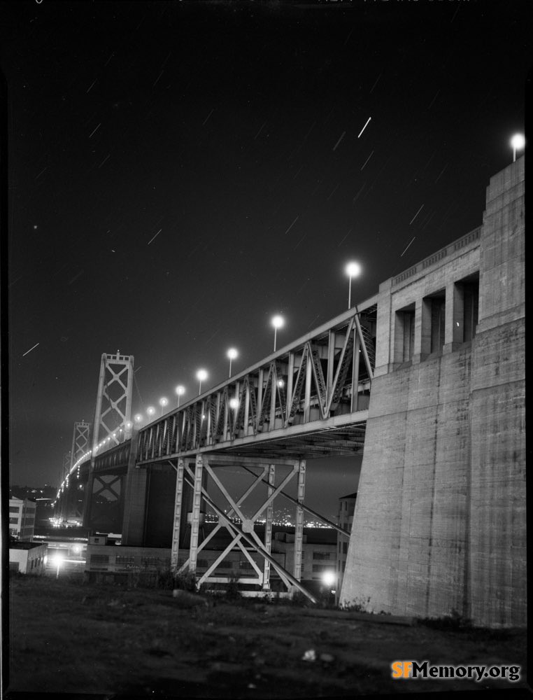 Bay Bridge at Night, circa 1948 I have always loved this time exposure my dad took off Harrison next to the Bay Bridge #sfhistory