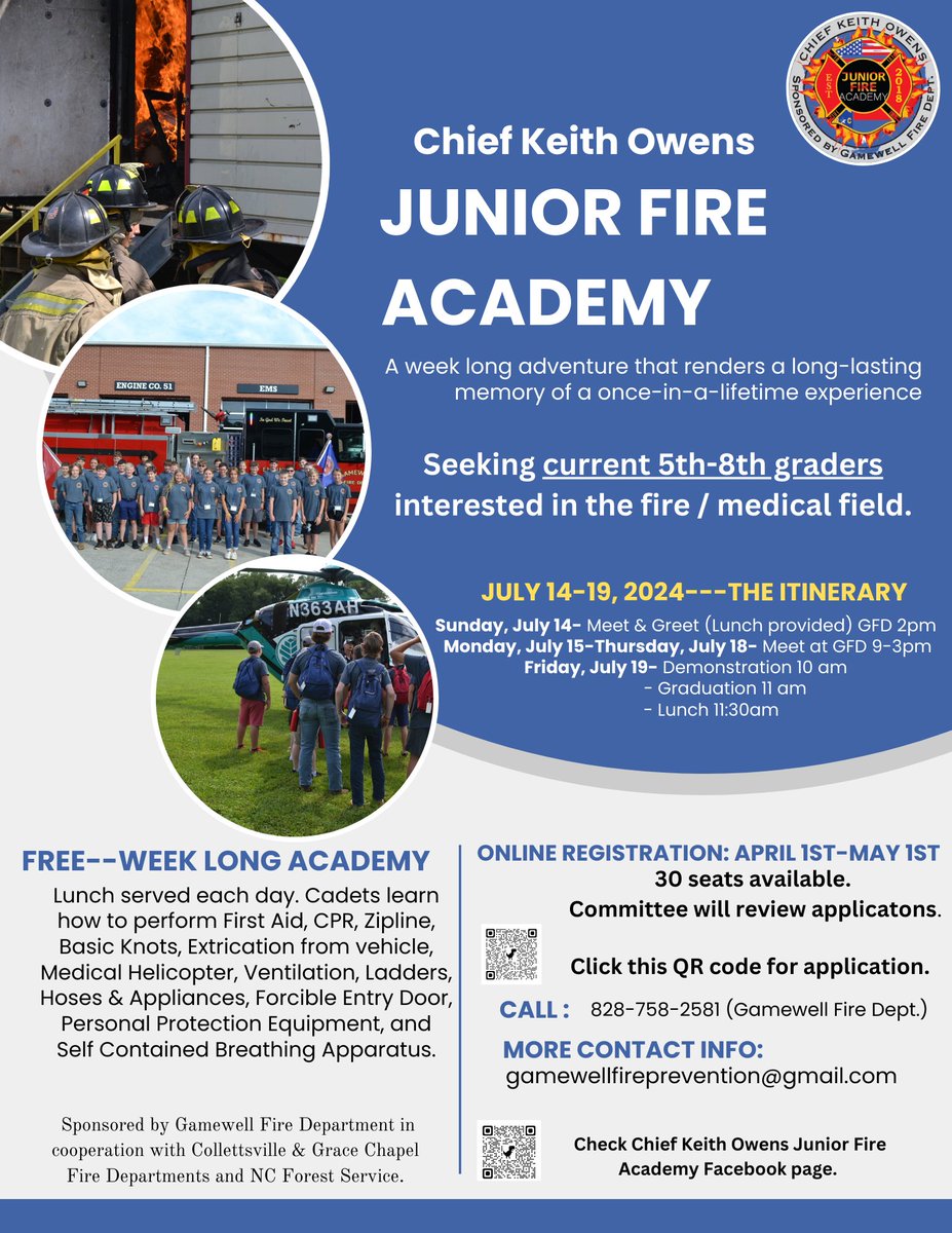 Chief Keith Owens Junior Fire Academy applications are open to all 5th-8th graders interested in emergency services, especially fire and medical. The deadline is May 1st. 
forms.gle/ZpqeFTitf2eZdJ… - Online application