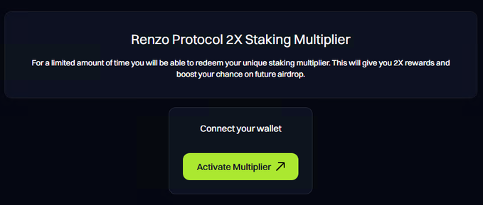 RenzIoProtocol's tweet photo. @L3X_Protocol @renzoai @eigencloud Last chance alert! Renzo users, seize your 2x Staking Multiplier now!

Act within the next 24 hours to qualify!!! 💚

Claim your rewards here: ⤵
https://t.co/m23LZXgjtv https://t.co/ZG7g3HFz4G