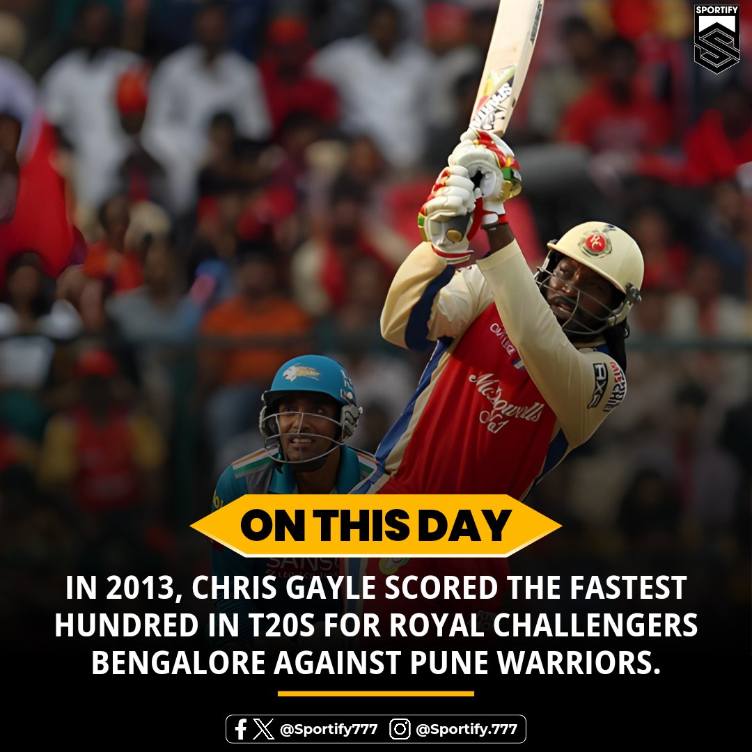 💥 Flashback to an explosive innings! 💯 

#OnThisDay in 2013, Chris Gayle stunned the world with the fastest T20 century while representing RCB against Pune Warriors. 🏏 

#Sportify #SportsNews #OnThisDay #ChrisGayle #IPL #RecordBreaker
