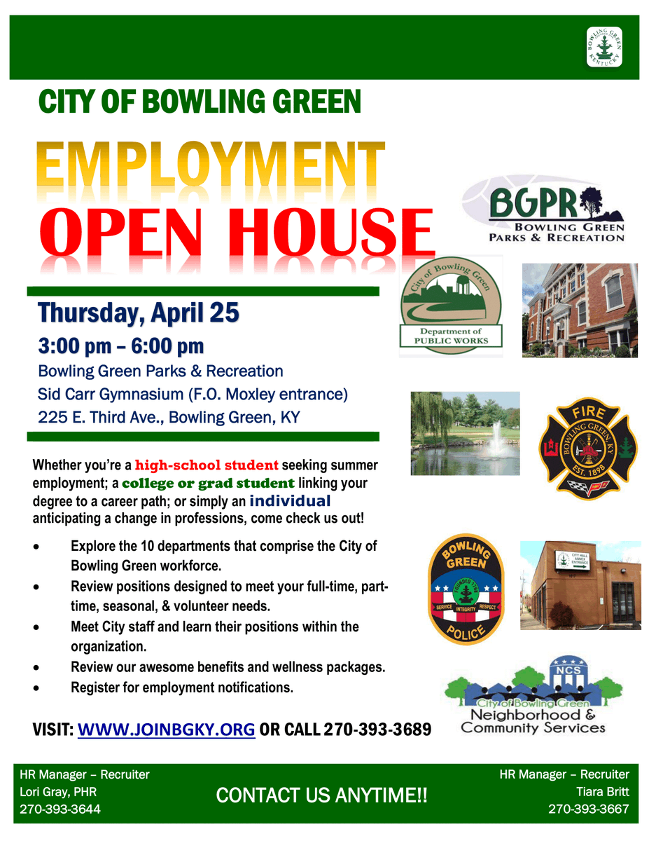 Check out the employment open house that the City of Bowling Green is hosting! The event is on Thursday, April 25 from 3:00 pm - 6:00 pm