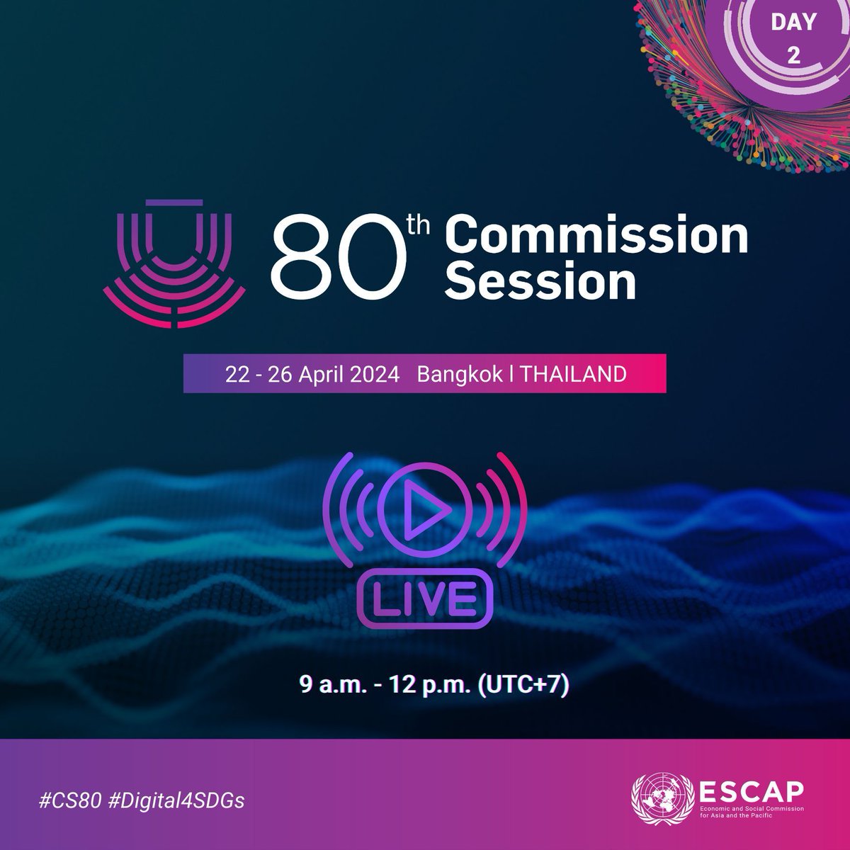 Don't miss out on the day 2️⃣ of #CS80! 💫 

Engage with the livestream and delve into the transformative effect of #DigitalTransformation on: 

♻️ Energy
🏥 Healthcare 
💼 Employment 
🌏 Climate Action 
... 
 
Join @UNWebTV live: buff.ly/49Ih2JO

#Digital4SDGs