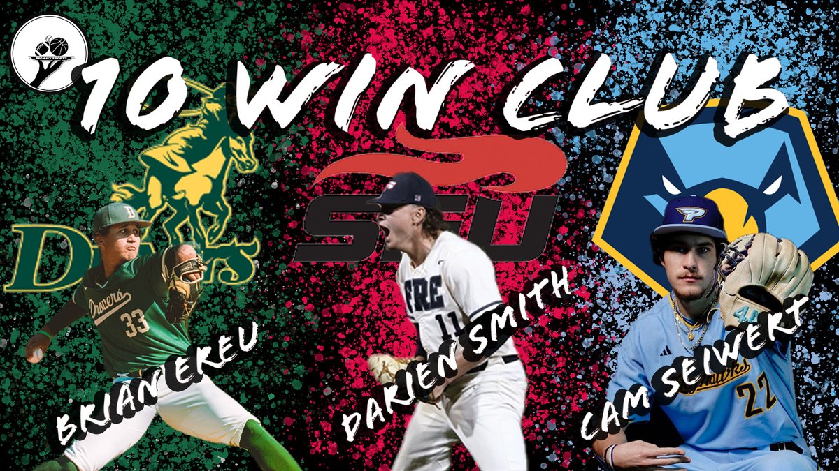 🚨HERE ARE YOUR 10 WIN CLUB PITCHERS🚨 @EreuBrian of @DroverAthletics @DarienSmith121 of @SEUFireBaseball @cam_seiwert22 of @PointSkyhawks Impressive feat boys! Congrats!