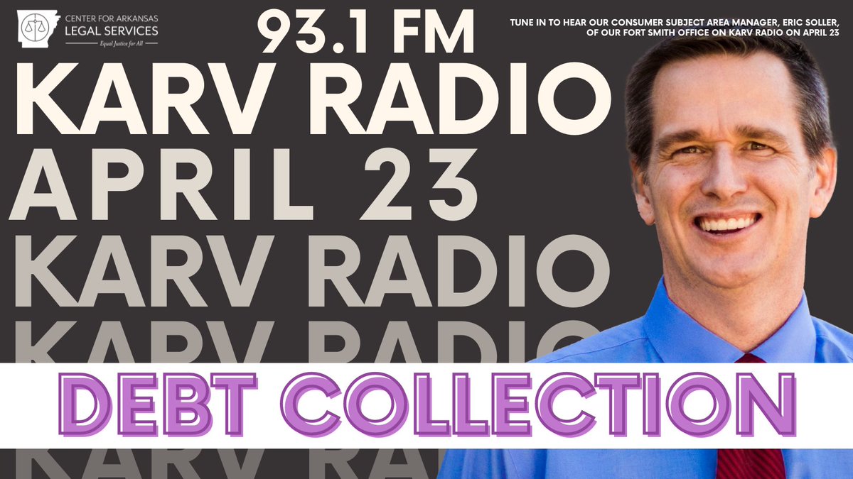 🚨TOMORROW🚨
Tune in on April 23 at 7:15 am as we discuss '#DebtCollection' with Arkansas Legal's Consumer Subject Area Manager Eric Soller & KARV radio host Johnny Story.

Join us: karvradio.com
#ARlegal #HelpingArkansans #Debt #ConsumerLaw #DebtCollections #DebtRelief