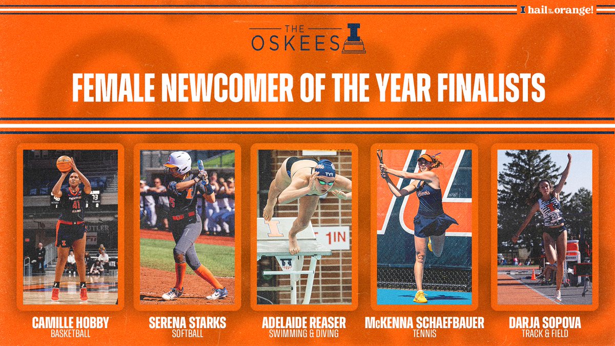 IlliniAthletics's tweet photo. 2024 Oskee Awards
Female Newcomer of the Year Finalists

🔸 Camille Hobby of @illiniwbb
🔹 Serena Starks of @illinisb
🔸 Adelaide Reaser of @illiniswimdive
🔹 McKenna Schaefbauer of @illiniwtennis
🔸 Darja Sopova of @illinitrackxc

#Illini | #HTTO
