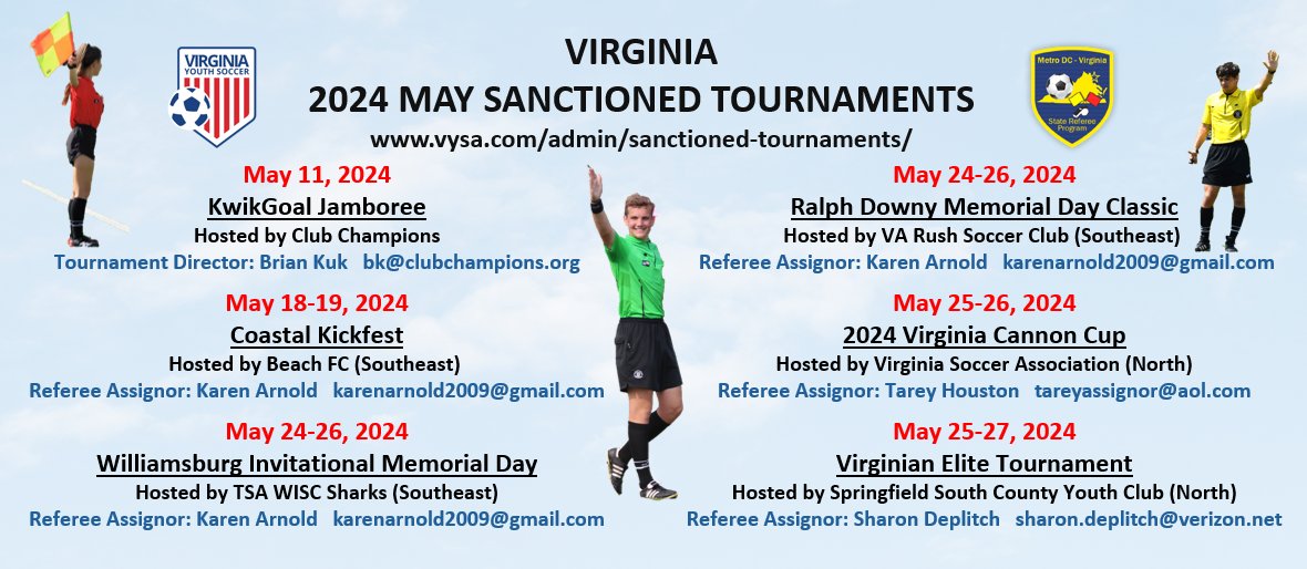 Upcoming @vayouthsoccer
SANCTIONED MAY 2024 TOURNAMENTS -
Link: vysa.com/admin/sanction… 
#MakeTheRightCall #SoccerTournament