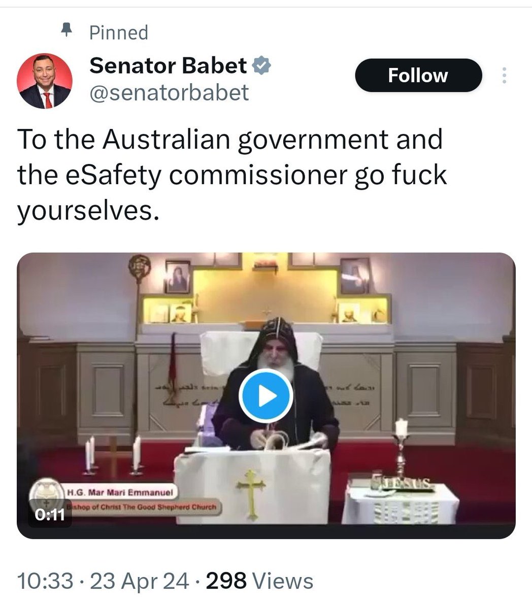 So Senator Babet wants horrifically traumatic images of the Bishop being stabbed to be available for click bait for Musk Sticks to milk the inflammatory hate for💰? Bloody hell. An Australian Senator telling @eSafetyOffice to go f*ck themselves is reprehensible. #auspol