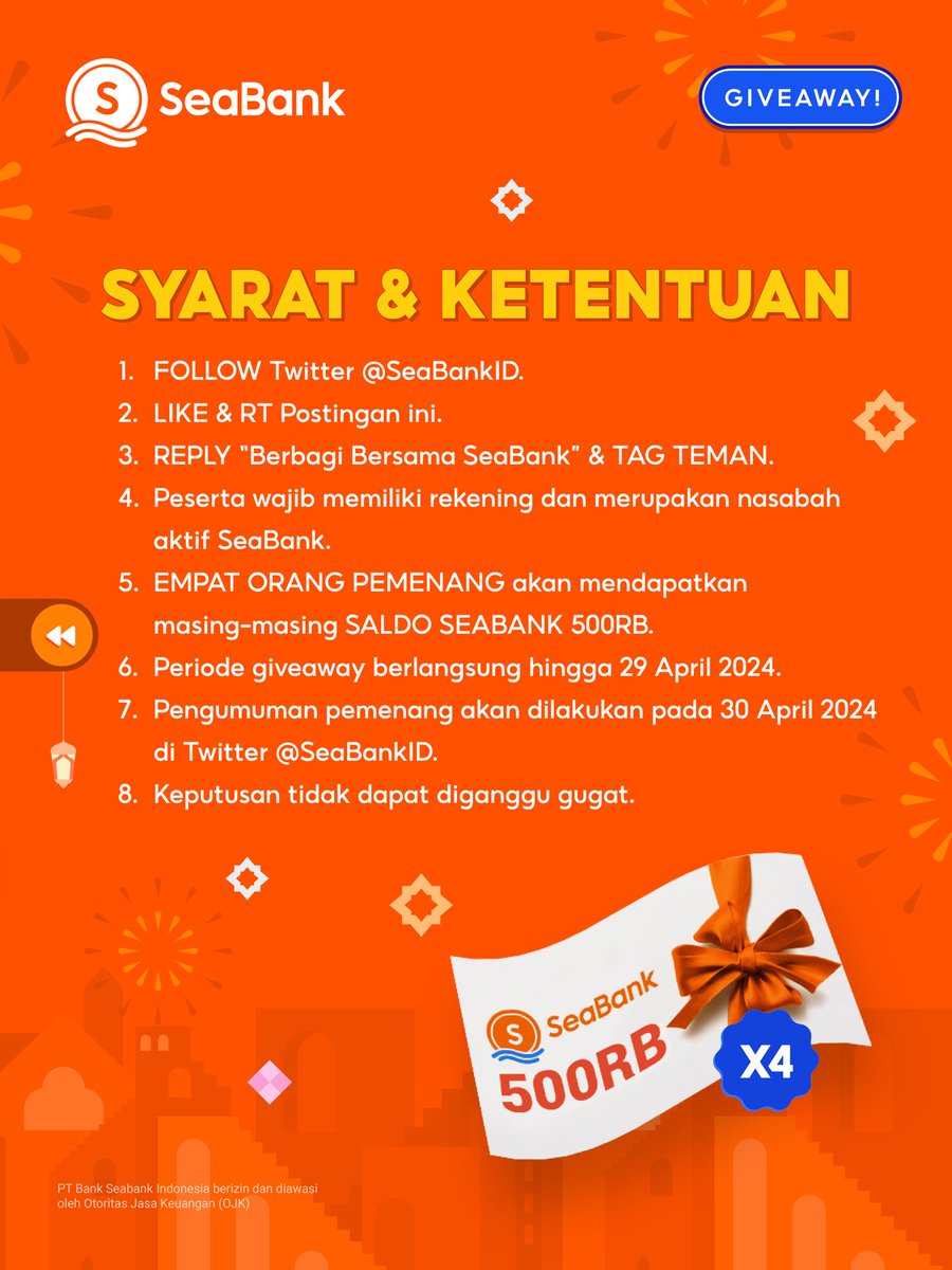 💥HADIAH BARU: SALDO SEABANK 500RB x4🔥

Yuk ikuti langkah berikut:
1. FOLLOW Twitter @SEABANKID
2. LIKE &amp; RT Tweet ini
3. REPLY "Berbagi Bersama SeaBank" minimal 10x 
4. TAG TEMAN KAMU

Selengkapnya di slide ke-2 🥰