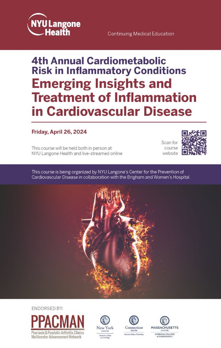 Happy Earth Day! 🌎 We are proud to endorse @NYUCVDPrevent's Event, '4th Annual Cardiometabolic Risk in Inflammatory Conditions: Emerging Insights and Treatment of Inflammation in Cardiovascular Disease,' on 4/26! To register, please visit: highmarksce.com/nyumc/index.cf… #DermTwitter