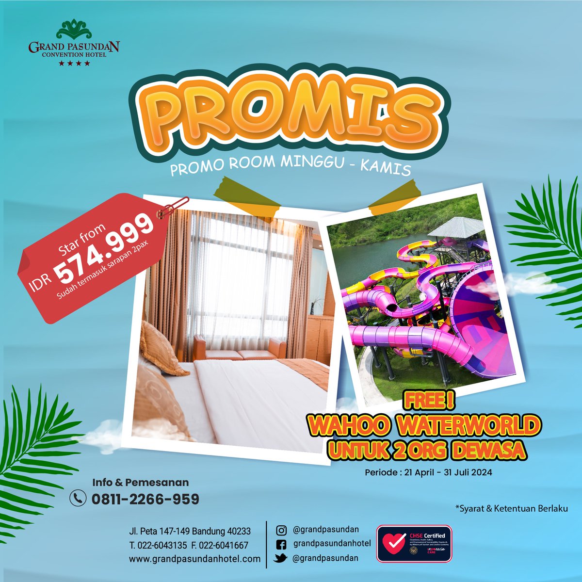 Sampurasun...

Grand Pasundan Convention Hotel mengadakan Promo Room Minggu sampai Kamis loh...

Dengan menginap di Grand Pasundan Convention Hotel kamu mendapatkan FREE 2 Ticket Wahoo Waterworld.

Buruan jangan sampai ketinggalan PROMOnyaaa...