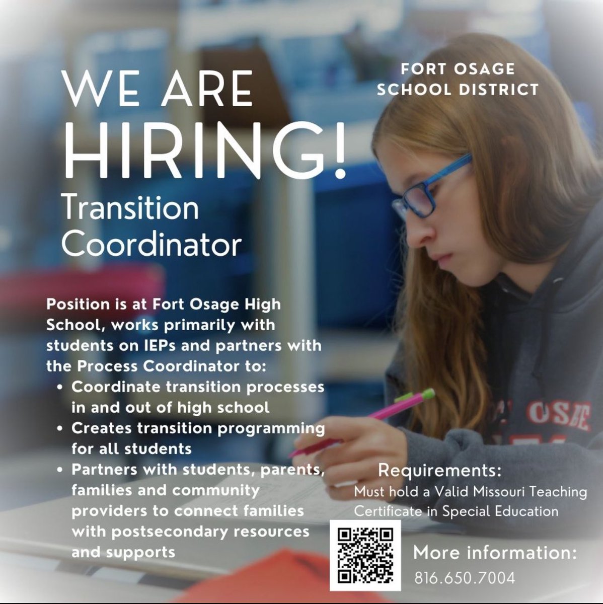 kmoore2501's tweet photo. 📣📣📣Fort Osage is hiring for a Transition Coordinator for the 24-25 school year! Check out the job listing below, feel free to reach out for more information! Come work with an awesome team!!! https://t.co/x5Uo9q6Yla