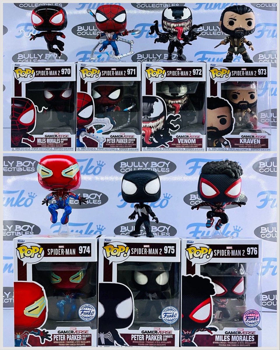 Closer look at Spider-Man 2 Pops! . Credit @bullyboycollectibles #Marvel #SpiderMan #SpiderMan2 #Funko #FunkoPop #FunkoPopVinyl #Pop #PopVinyl #Collectibles #Collectible #FunkoCollector #FunkoPops #Collector #Toy #Toys #DisTrackers