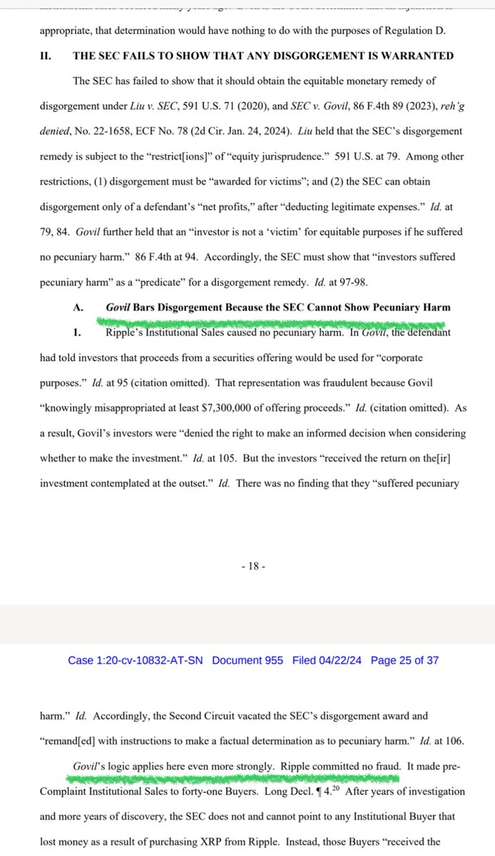 @FilanLaw @Ripple @SECGov As expected, Ripple references the Govil case. To simplify, it was determined by the Appellate Court that if no proof of harm was presented, then disgorgement is NOT appropriate