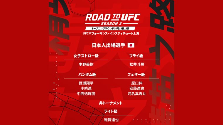 ROAD TO UFC シーズン3に修斗 安藤達也、パンクラス 透暉鷹、GRACHAN 原口伸、GLADIATOR 河名マストの4王者出場。野瀬翔平は3年連続。初の女子トーナメントに本野美樹。新鋭の松井斗輝＆小崎連も。非トーナメント戦に雑賀“ヤン坊”達也 boutreview.com/3/news/item_10…