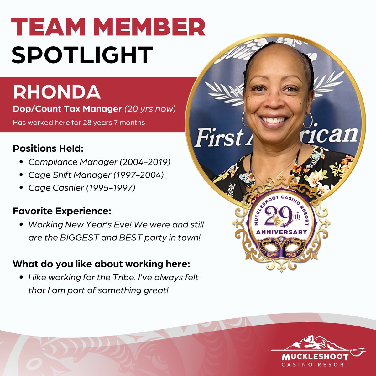 🍾Happy 29th Anniversary Month! Get to know our Team Members that have been here 20+ years! 

✨Rhonda, our Drop/Count Tax Manager has been here 28 years, 7 months! You definitely are part of something great and we love having you with us! Thank you for all you do!