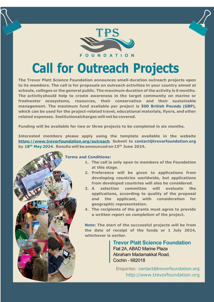 The Trevor Platt Science Foundation announces small-duration outreach projects open to its members. For more info - trevorfoundation.org/outreach-2024/ #TrevorPlatt