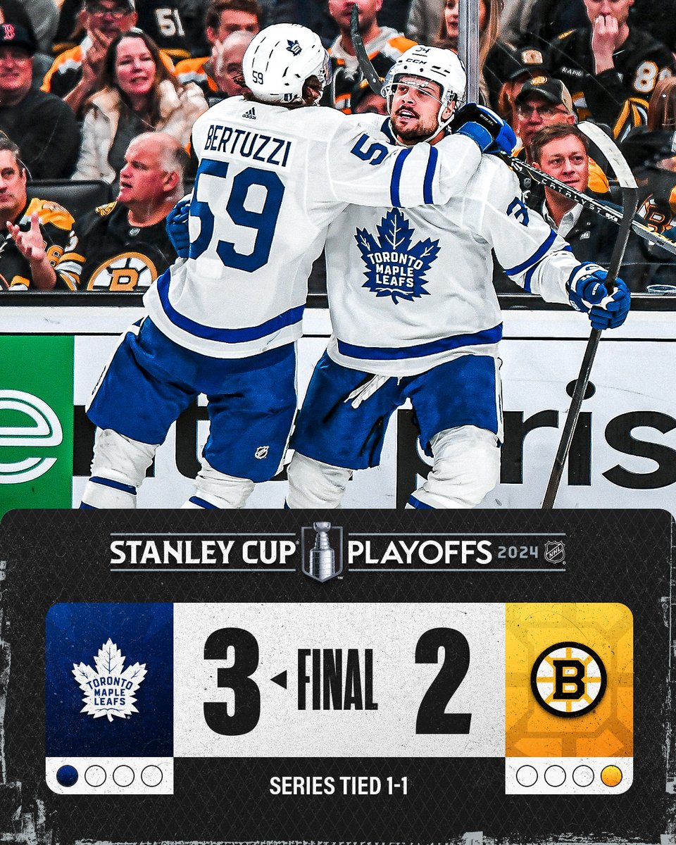 NHL's tweet photo. The @MapleLeafs head home with this series tied 1-1! 🔥 #StanleyCup https://t.co/7w52rWN5KV