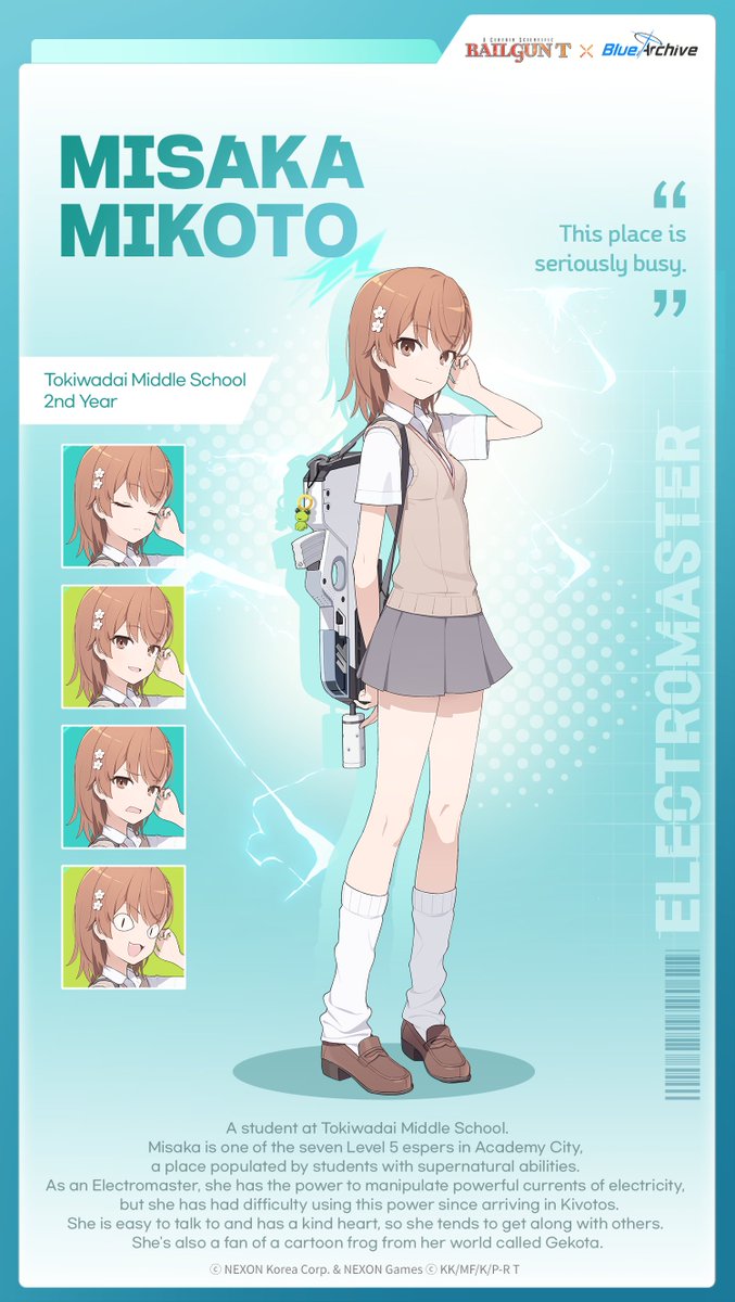 [Student Intro: Misaka Mikoto]

It's our first student who came to Kivotos from another world, Misaka Mikoto!

She's a regular student on the outside, but she can fire a railgun with just a flick of her finger and a coin.
What awe-inspiring strength! Bzzt bzzt! ⚡⚡

#BlueArchive