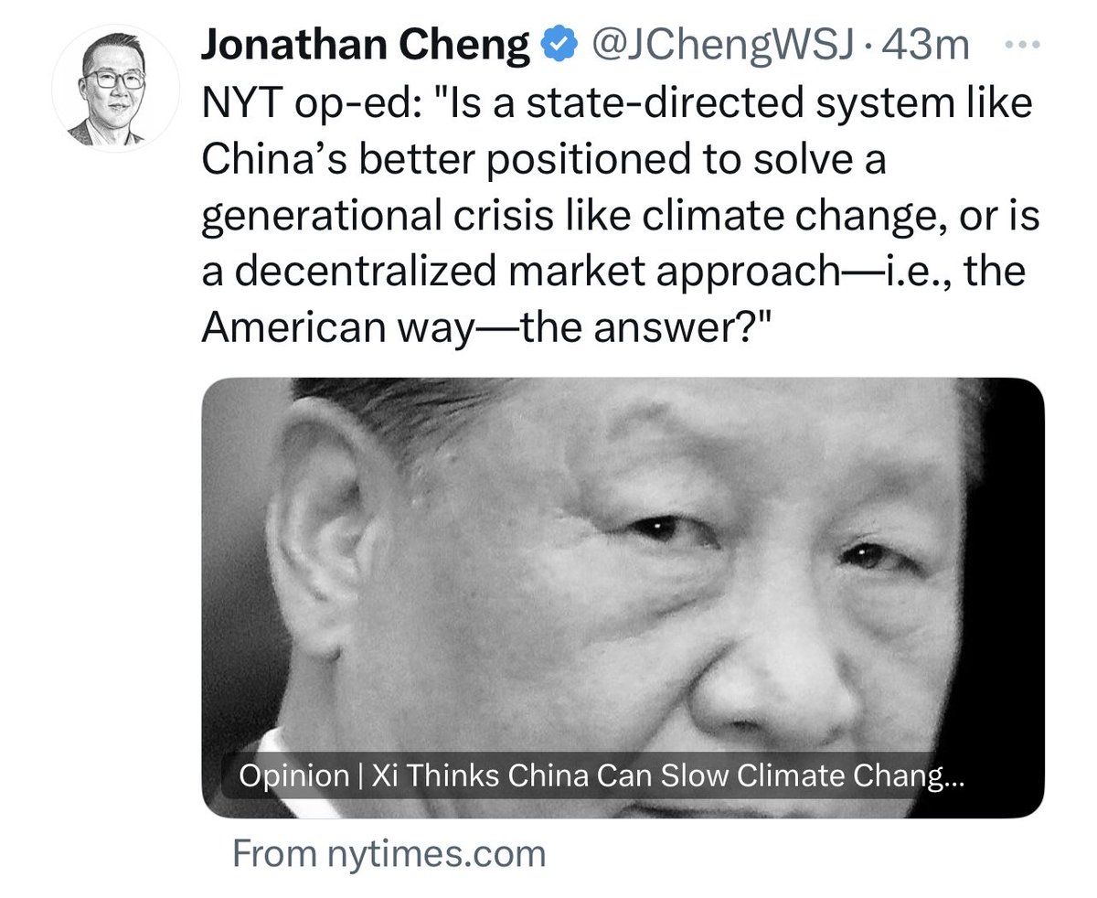This NY Times article is just too good. It combines the US ruling class love of the Chinese Communist Party with leftists’ reverence for the false religion of climate alarmism. It’s almost too perfect. Good gravy…