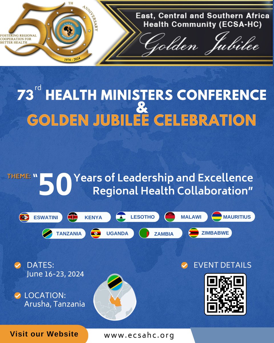 Exciting news from ECSA-HC! We're thrilled to announce the 73rd Health Minister Conference & our Golden Jubilee celebrations. Join us for a monumental week from June 16-23, 2024, Mark your calendars! #ECSAHM2024 #GoldenJubilee